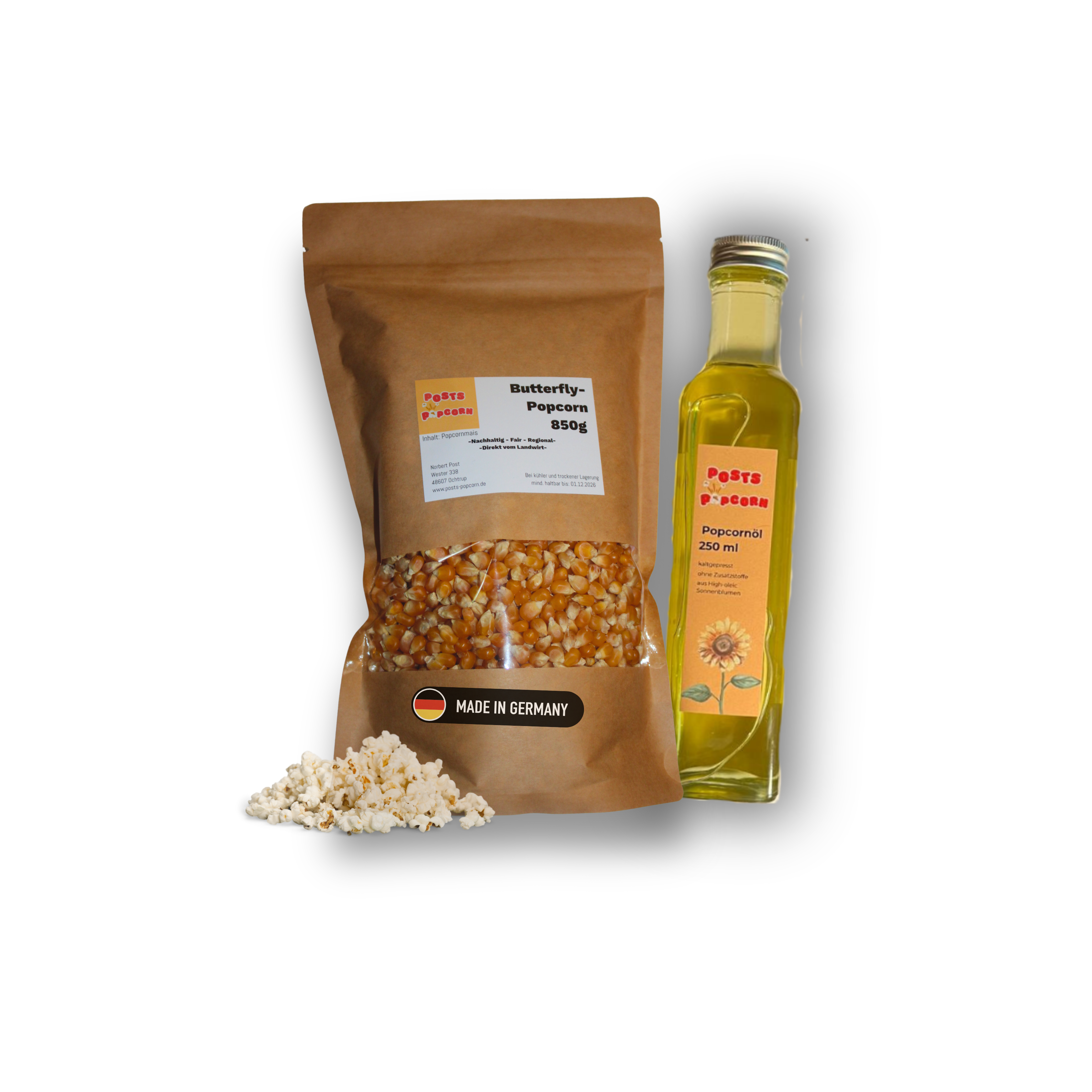 Popcorn Set – Butterfly Popcornmais 850 g & High Oleic Popcornöl 250 ml aus Deutschland - Posts Popcorn