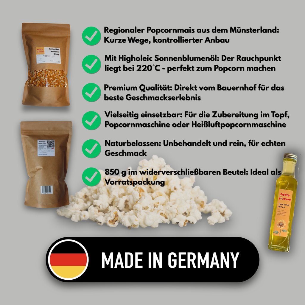 Popcorn Set – Butterfly Popcornmais 850 g & High Oleic Popcornöl 250 ml aus Deutschland - Posts Popcorn
